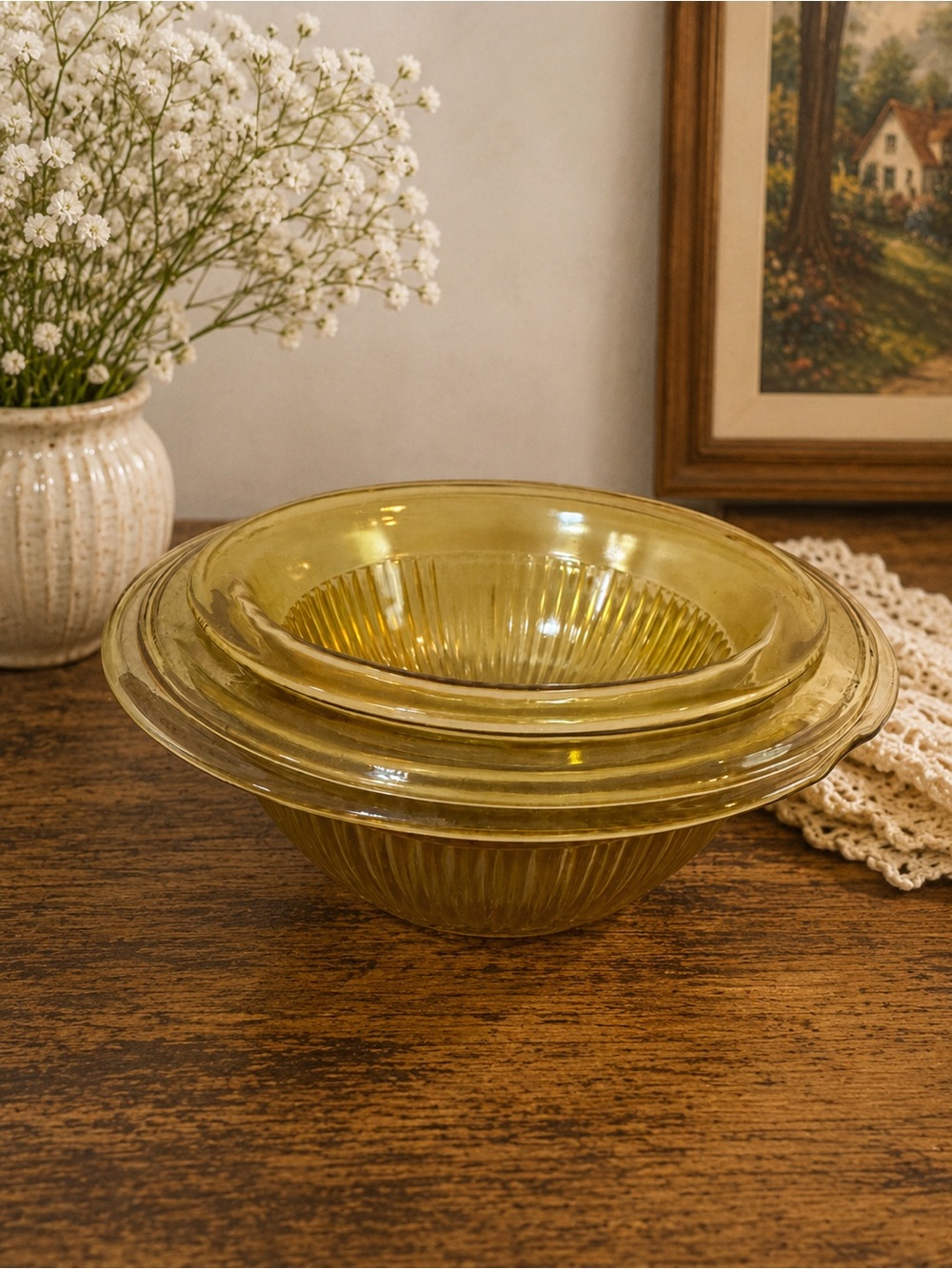 Vintage Amber Glass Dessert Bowls Set of 3 | Ribbed Glass Serving Bowls